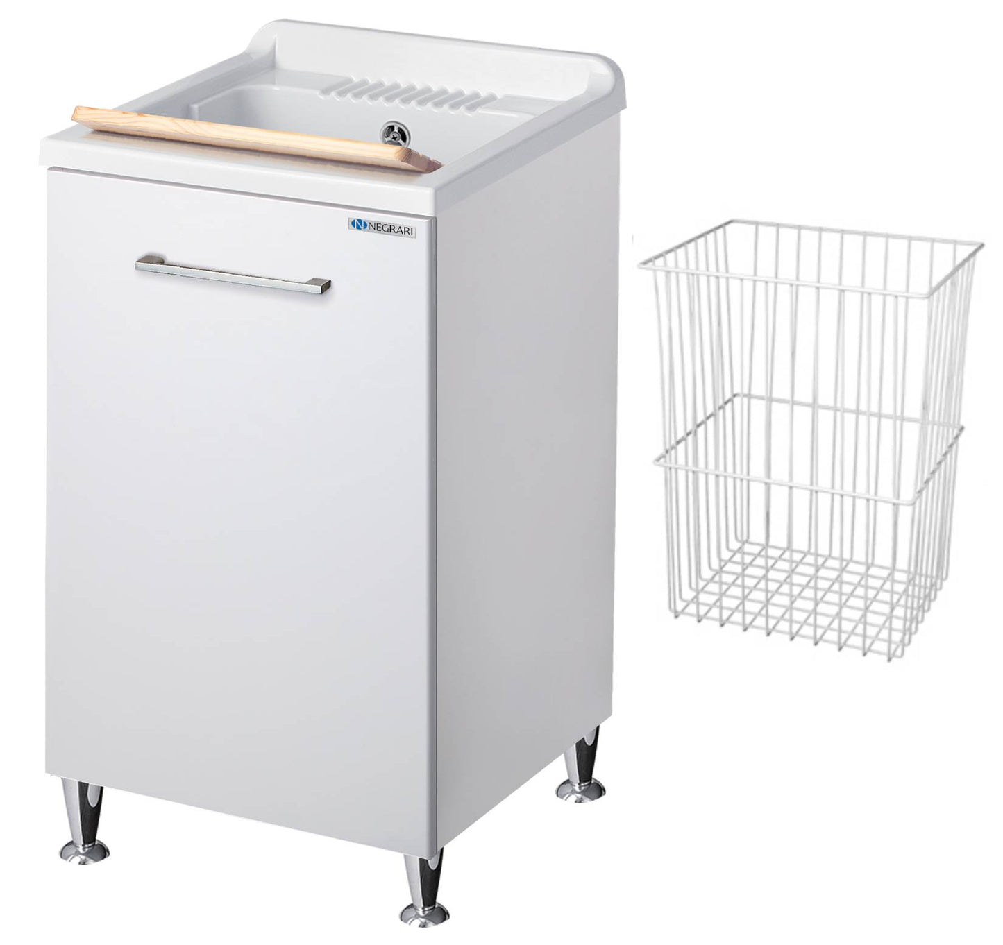 Negrari Vincente 3006R Lavatoio Bianco Lucido 45x50 H85 cm Mobile Lavanderia Montato Nobilitato Idrofugo Per Interno Anta Angoli Stondati Apertura a Ribalta Vasca Polipropilene Asse Lavaggio Legno Cestone Portabiancheria Estraibile Sifone Piletta Piedi