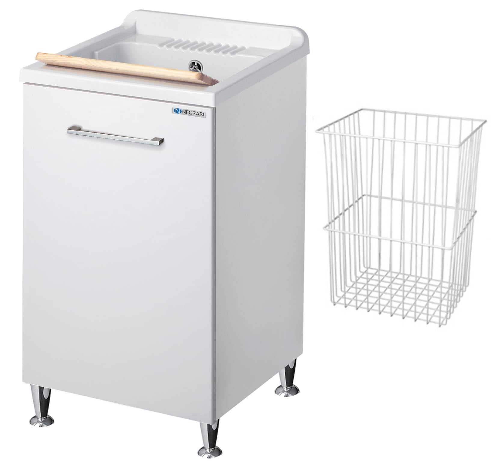 Negrari Vincente 3006R Lavatoio Bianco Lucido 45x50 H85 cm Mobile Lavanderia Montato Nobilitato Idrofugo Per Interno Anta Angoli Stondati Apertura a Ribalta Vasca Polipropilene Asse Lavaggio Legno Cestone Portabiancheria Estraibile Sifone Piletta Piedi