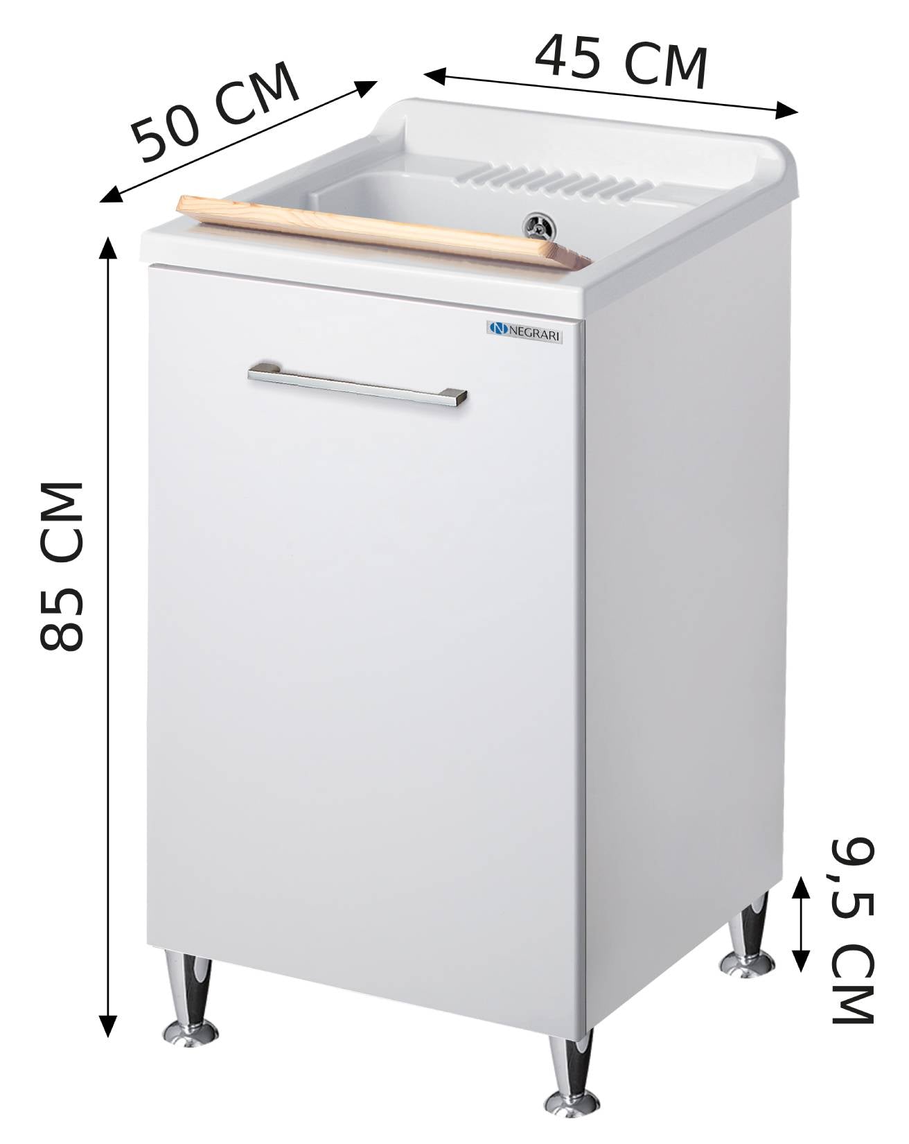 Negrari Vincente 3006R Lavatoio Bianco Lucido 45x50 H85 cm Mobile Lavanderia Montato Nobilitato Idrofugo Per Interno Anta Angoli Stondati Apertura a Ribalta Vasca Polipropilene Asse Lavaggio Legno Cestone Portabiancheria Estraibile Sifone Piletta Piedi