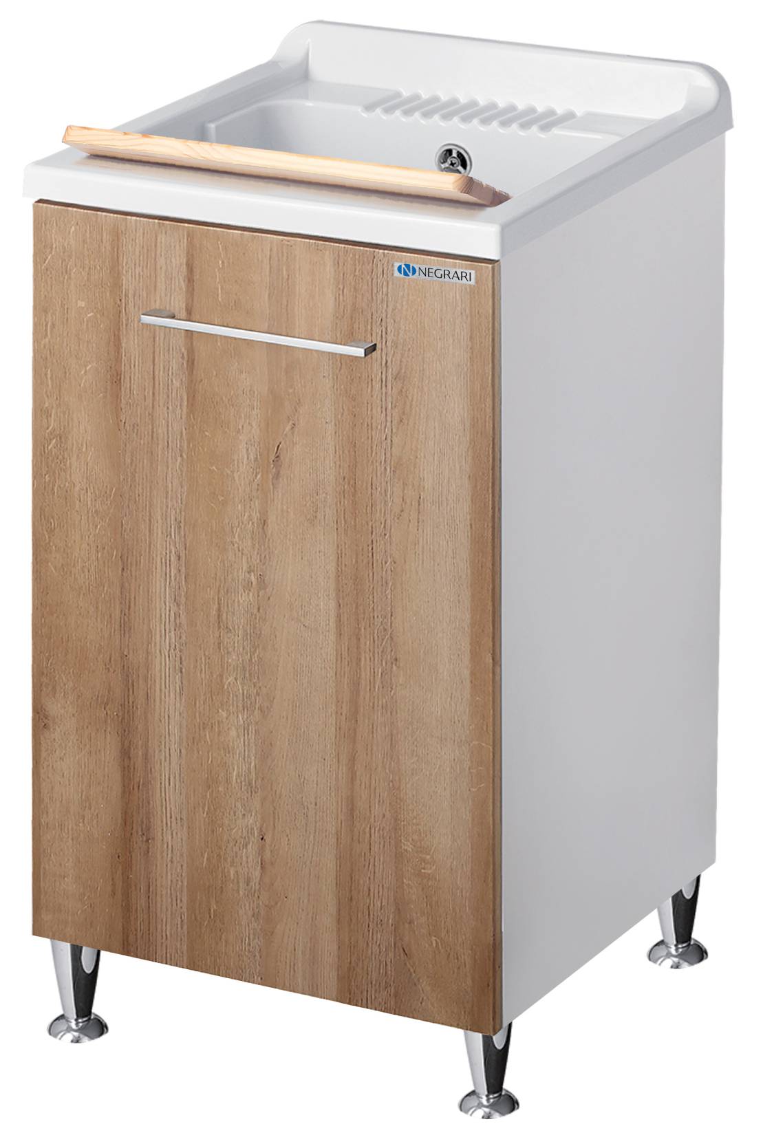 Negrari Vincente 3006RLE Lavatoio Legno Natural 45x50 H85 cm Mobile Lavanderia Montato Nobilitato Idrofugo Per Interno Anta Angoli Stondati Apertura a Ribalta Vasca Polipropilene Asse Lavaggio Legno Cestone Portabiancheria Estraibile Sifone Piletta Piedi