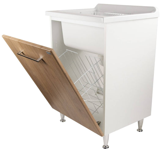 Negrari Vincente 3006RLE Lavatoio Legno Natural 45x50 H85 cm Mobile Lavanderia Montato Nobilitato Idrofugo Per Interno Anta Angoli Stondati Apertura a Ribalta Vasca Polipropilene Asse Lavaggio Legno Cestone Portabiancheria Estraibile Sifone Piletta Piedi