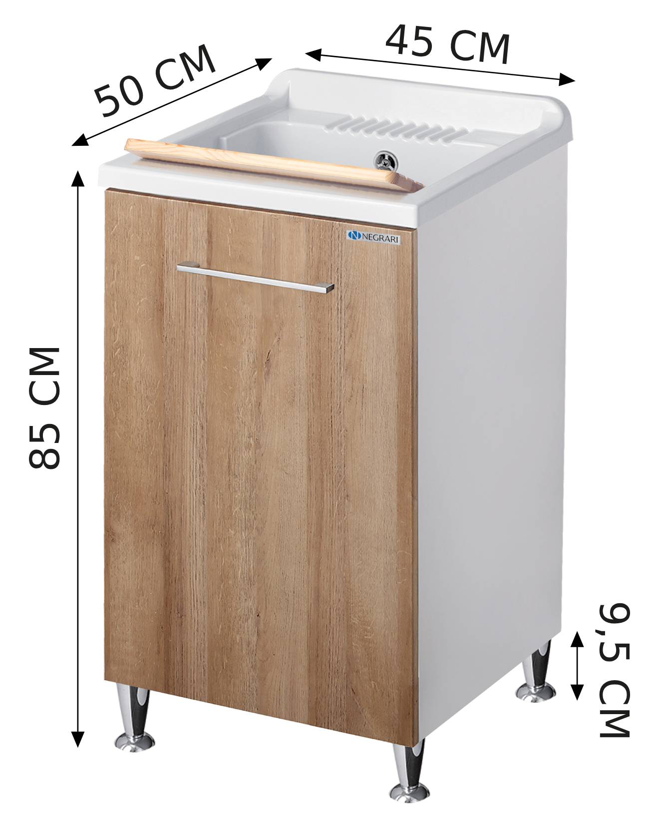 Negrari Vincente 3006RLE Lavatoio Legno Natural 45x50 H85 cm Mobile Lavanderia Montato Nobilitato Idrofugo Per Interno Anta Angoli Stondati Apertura a Ribalta Vasca Polipropilene Asse Lavaggio Legno Cestone Portabiancheria Estraibile Sifone Piletta Piedi