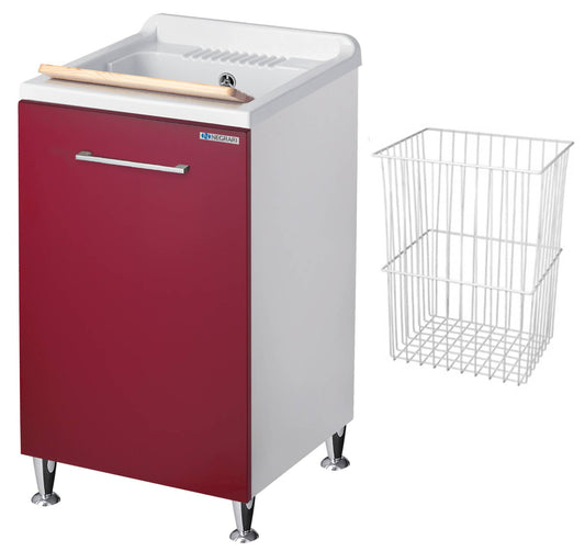 Negrari Vincente 3006RR Lavatoio Bianco e Rosso 45x50 H85 cm Mobile Lavanderia Montato Nobilitato Idrofugo Interno Anta Angoli Stondati Apertura Ribalta Vasca Polipropilene Asse Lavaggio Legno Cestone Porta Biancheria Estraibile Sifone Piletta Piedi