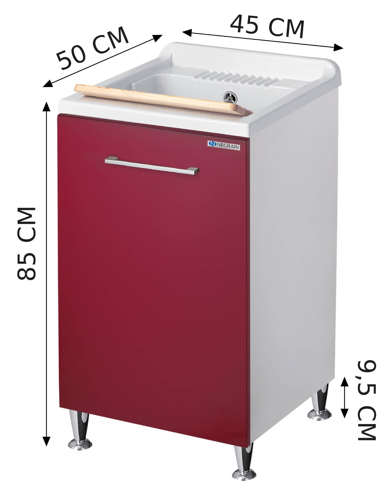 Negrari Vincente 3006RR Lavatoio Bianco e Rosso 45x50 H85 cm Mobile Lavanderia Montato Nobilitato Idrofugo Interno Anta Angoli Stondati Apertura Ribalta Vasca Polipropilene Asse Lavaggio Legno Cestone Porta Biancheria Estraibile Sifone Piletta Piedi