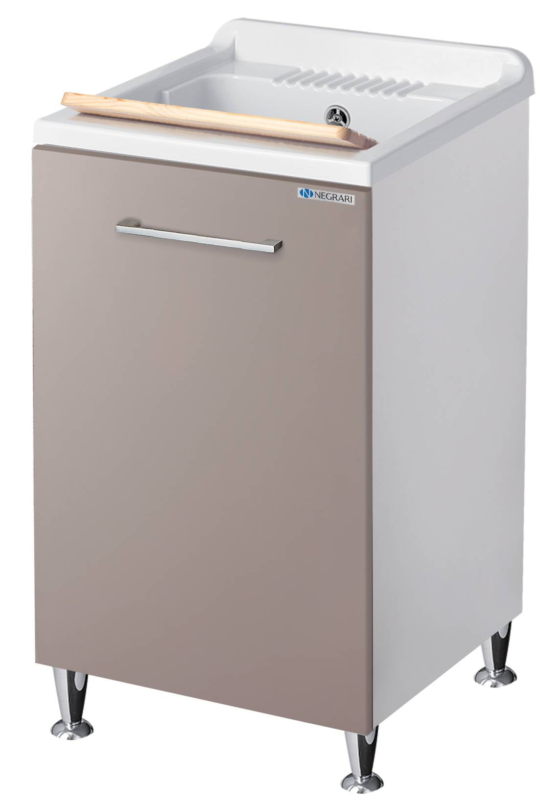 Negrari Vincente 3006RSG Lavatoio Bianco e Grigio Pietra 45x50 H85 cm Mobile Lavanderia Montato Nobilitato Idrofugo Interno Anta Angoli Stondati Apertura Ribalta Vasca Polipropilene Asse Lavaggio Legno Cesto Portabiancheria Estraibile Sifone Piletta Piedi