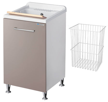 Negrari Vincente 3006RSG Lavatoio Bianco e Grigio Pietra 45x50 H85 cm Mobile Lavanderia Montato Nobilitato Idrofugo Interno Anta Angoli Stondati Apertura Ribalta Vasca Polipropilene Asse Lavaggio Legno Cesto Portabiancheria Estraibile Sifone Piletta Piedi