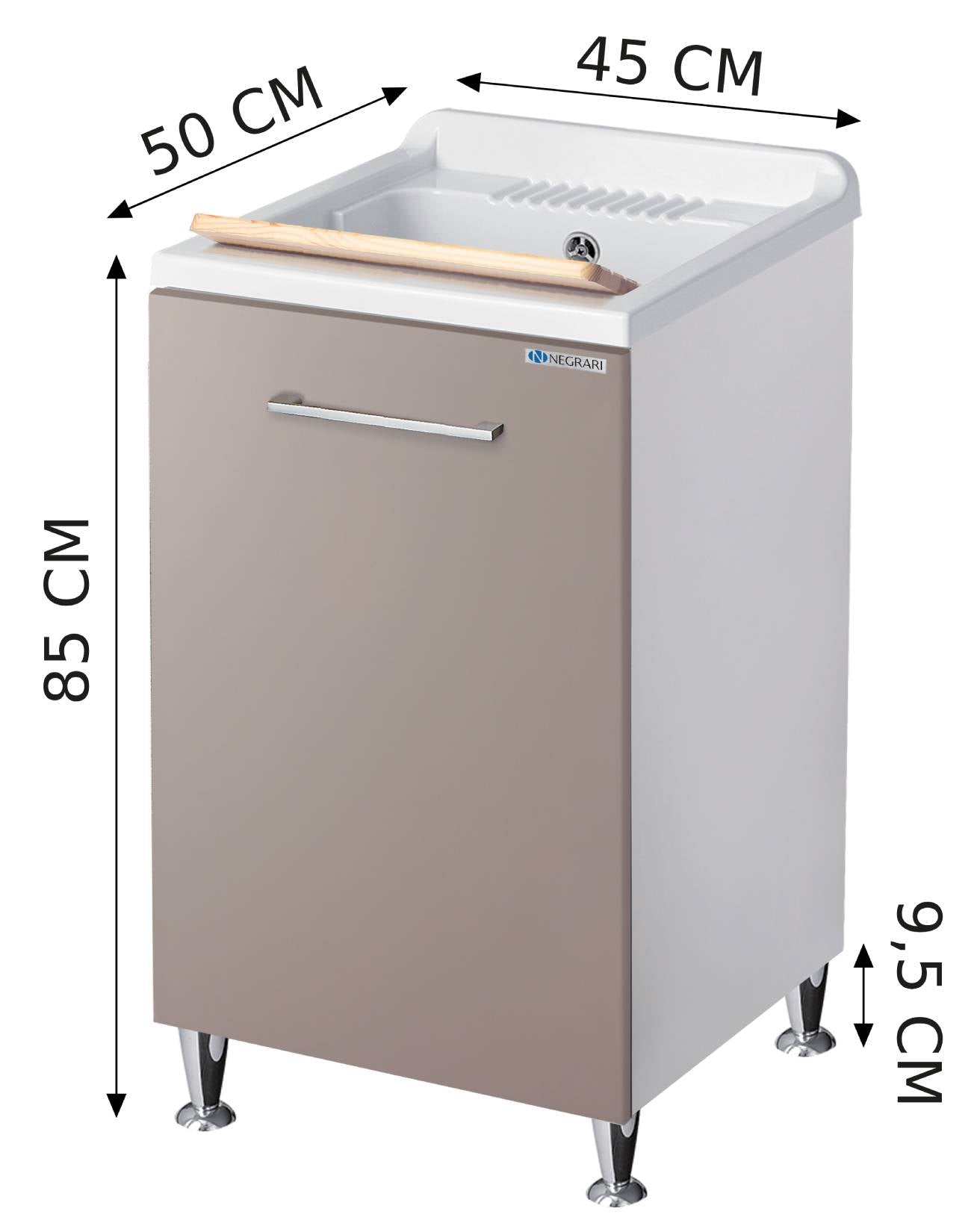 Negrari Vincente 3006RSG Lavatoio Bianco e Grigio Pietra 45x50 H85 cm Mobile Lavanderia Montato Nobilitato Idrofugo Interno Anta Angoli Stondati Apertura Ribalta Vasca Polipropilene Asse Lavaggio Legno Cesto Portabiancheria Estraibile Sifone Piletta Piedi