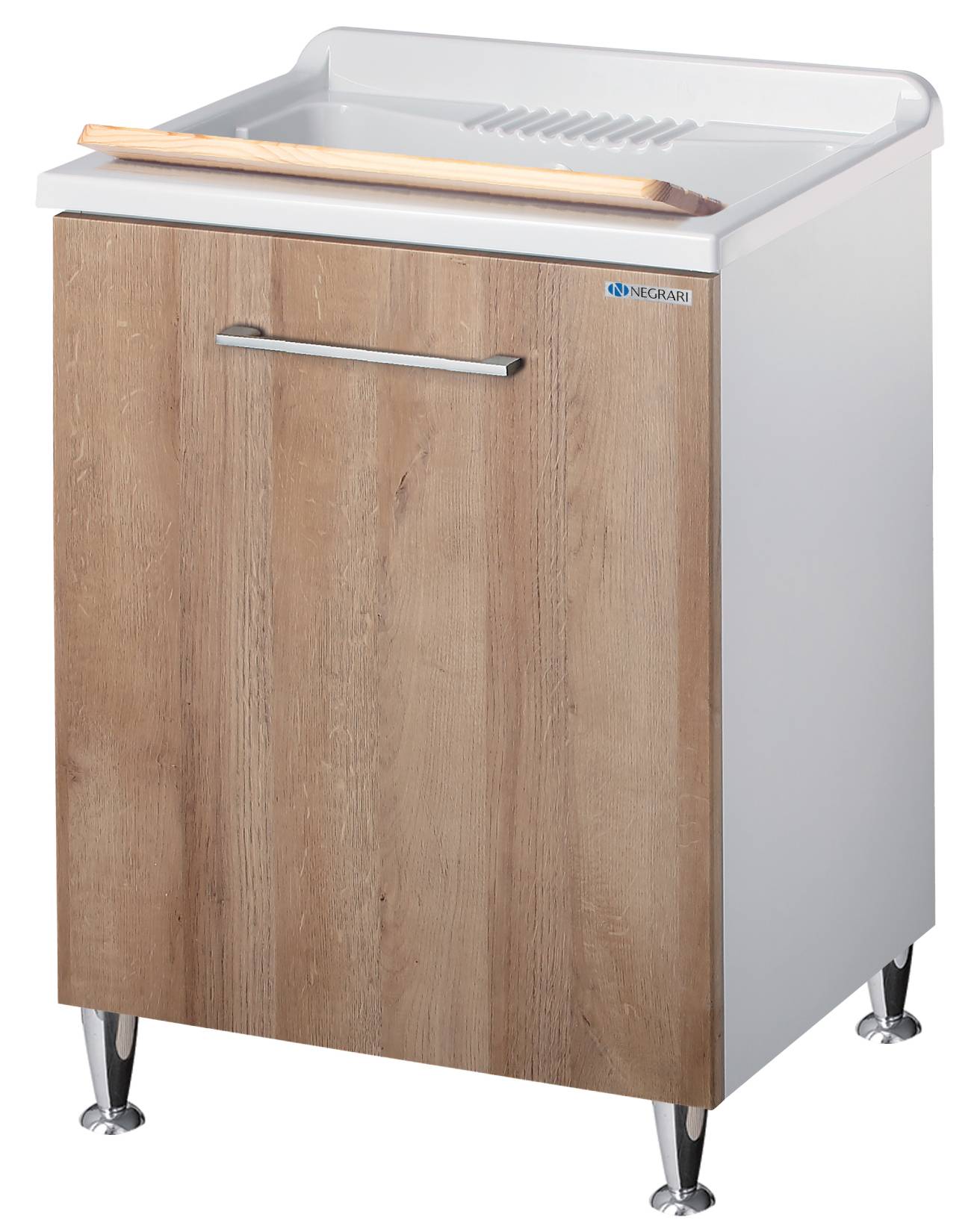 Negrari Vincente 3007RLE Lavatoio Bianco Legno Natural 60x60 H85 cm Mobile Lavanderia Montato Nobilitato Idrofugo Interno Anta Angoli Stondati Apertura Ribalta Vasca Polipropilene Asse Lavaggio Legno Cestone Portabiancheria Estraibile Sifone Piletta Piedi