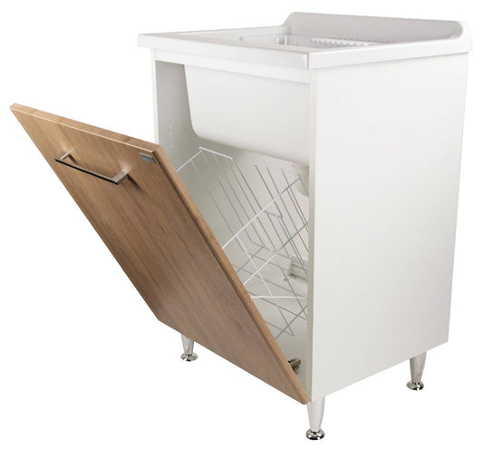 Negrari Vincente 3007RLE Lavatoio Bianco Legno Natural 60x60 H85 cm Mobile Lavanderia Montato Nobilitato Idrofugo Interno Anta Angoli Stondati Apertura Ribalta Vasca Polipropilene Asse Lavaggio Legno Cestone Portabiancheria Estraibile Sifone Piletta Piedi
