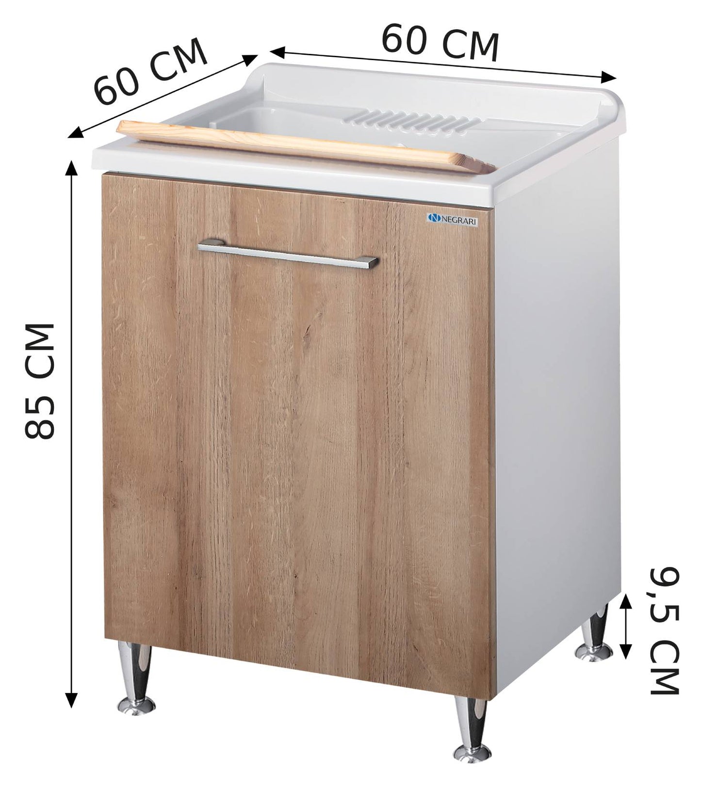 Negrari Vincente 3007RLE Lavatoio Bianco Legno Natural 60x60 H85 cm Mobile Lavanderia Montato Nobilitato Idrofugo Interno Anta Angoli Stondati Apertura Ribalta Vasca Polipropilene Asse Lavaggio Legno Cestone Portabiancheria Estraibile Sifone Piletta Piedi