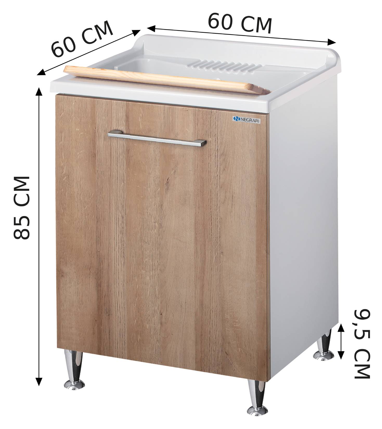 Negrari Vincente 3007RLE Lavatoio Bianco Legno Natural 60x60 H85 cm Mobile Lavanderia Montato Nobilitato Idrofugo Interno Anta Angoli Stondati Apertura Ribalta Vasca Polipropilene Asse Lavaggio Legno Cestone Portabiancheria Estraibile Sifone Piletta Piedi