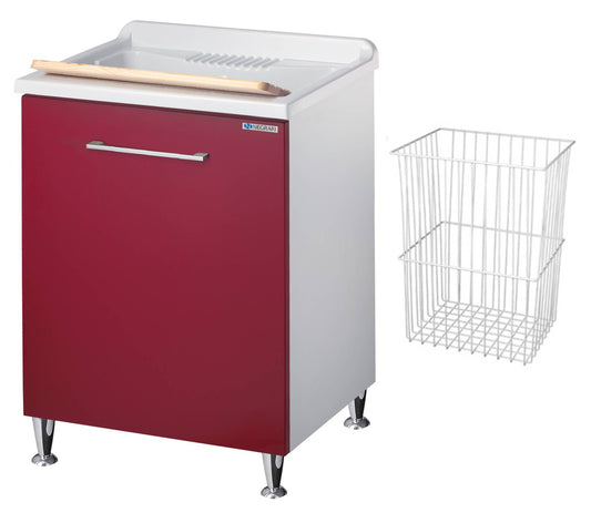 Negrari Vincente 3007RR Lavatoio Bianco e Rosso 60x60 H85 cm Mobile Lavanderia Montato Nobilitato Idrofugo Interno Anta Angoli Stondati Apertura Ribalta Vasca Polipropilene Asse Lavaggio Legno Cestone Portabiancheria Estraibile Sifone Piletta Piedini