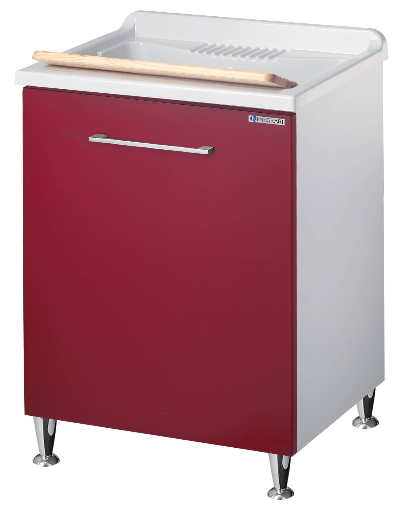 Negrari Vincente 3007RR Lavatoio Bianco e Rosso 60x60 H85 cm Mobile Lavanderia Montato Nobilitato Idrofugo Interno Anta Angoli Stondati Apertura Ribalta Vasca Polipropilene Asse Lavaggio Legno Cestone Portabiancheria Estraibile Sifone Piletta Piedini