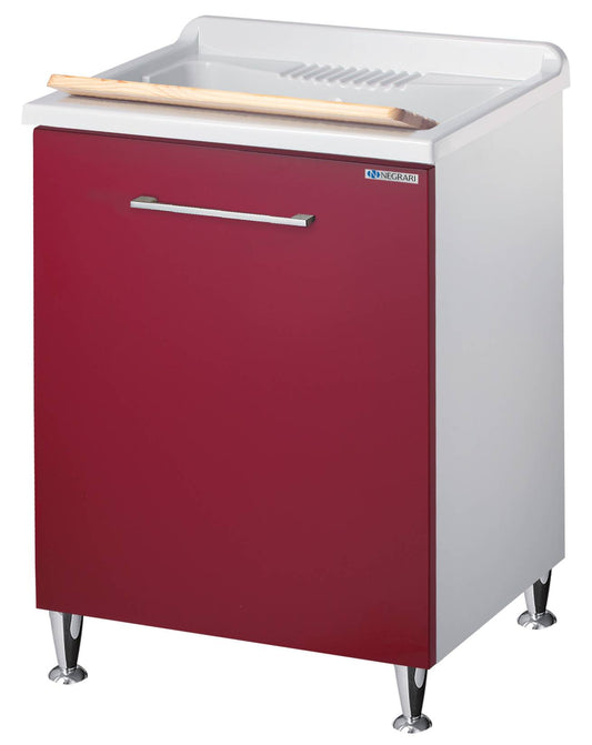 Negrari Vincente 3007RR Lavatoio Bianco e Rosso 60x60 H85 cm Mobile Lavanderia Montato Nobilitato Idrofugo Interno Anta Angoli Stondati Apertura Ribalta Vasca Polipropilene Asse Lavaggio Legno Cestone Portabiancheria Estraibile Sifone Piletta Piedini