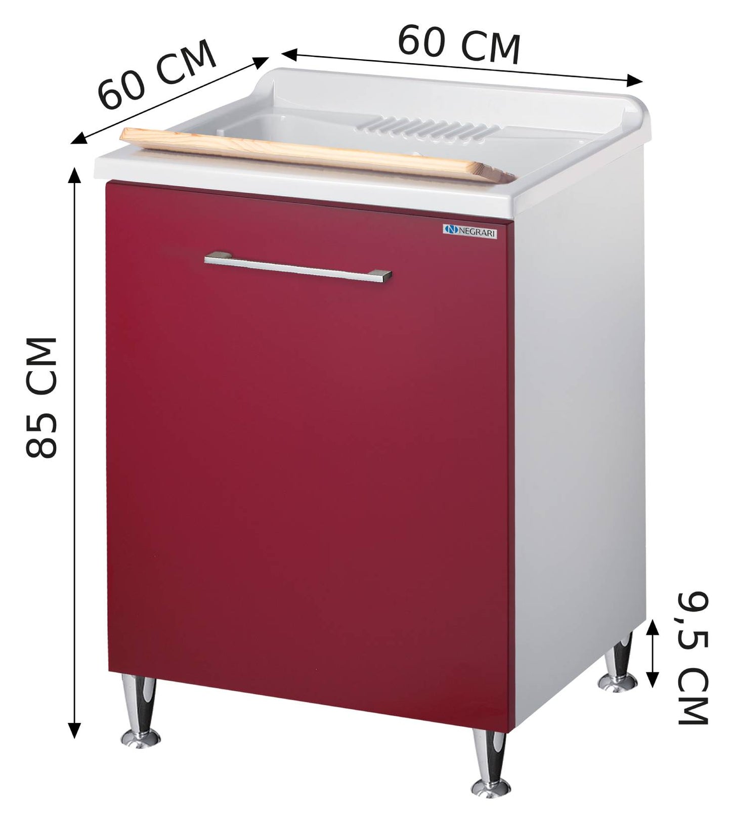 Negrari Vincente 3007RR Lavatoio Bianco e Rosso 60x60 H85 cm Mobile Lavanderia Montato Nobilitato Idrofugo Interno Anta Angoli Stondati Apertura Ribalta Vasca Polipropilene Asse Lavaggio Legno Cestone Portabiancheria Estraibile Sifone Piletta Piedini