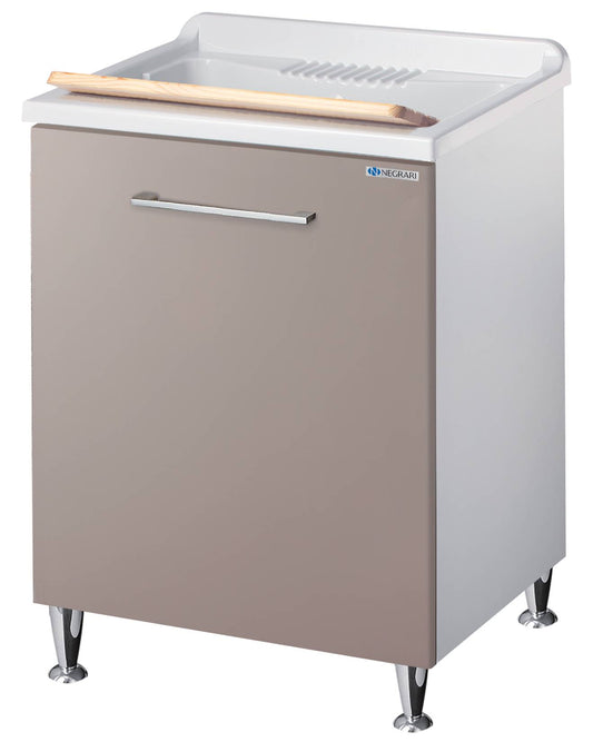 Negrari Vincente 3007RSG Lavatoio Bianco Grigio Pietra 60x60 H85 cm Mobile Lavanderia Montato Nobilitato Idrofugo Interno Anta Angoli Stondati Apertura Ribalta Vasca Polipropilene Asse Lavaggio Legno Cestone Portabiancheria Estraibile Sifone Piletta Piedi