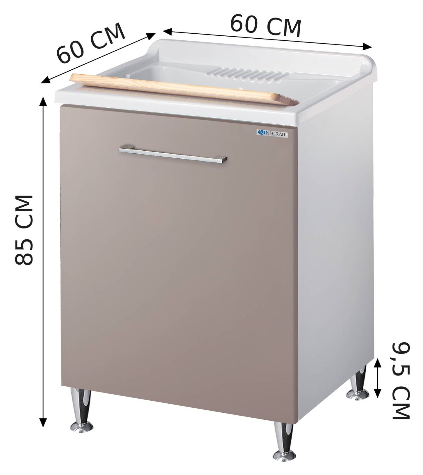 Negrari Vincente 3007RSG Lavatoio Bianco Grigio Pietra 60x60 H85 cm Mobile Lavanderia Montato Nobilitato Idrofugo Interno Anta Angoli Stondati Apertura Ribalta Vasca Polipropilene Asse Lavaggio Legno Cestone Portabiancheria Estraibile Sifone Piletta Piedi