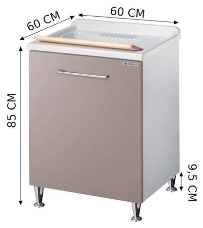 Negrari Vincente 3007RSG Lavatoio Bianco Grigio Pietra 60x60 H85 cm Mobile Lavanderia Montato Nobilitato Idrofugo Interno Anta Angoli Stondati Apertura Ribalta Vasca Polipropilene Asse Lavaggio Legno Cestone Portabiancheria Estraibile Sifone Piletta Piedi