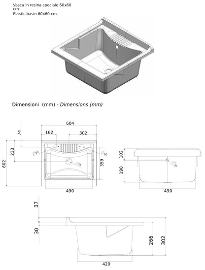Negrari Vincente 3007RLE Lavatoio Bianco Legno Natural 60x60 H85 cm Mobile Lavanderia Montato Nobilitato Idrofugo Interno Anta Angoli Stondati Apertura Ribalta Vasca Polipropilene Asse Lavaggio Legno Cestone Portabiancheria Estraibile Sifone Piletta Piedi