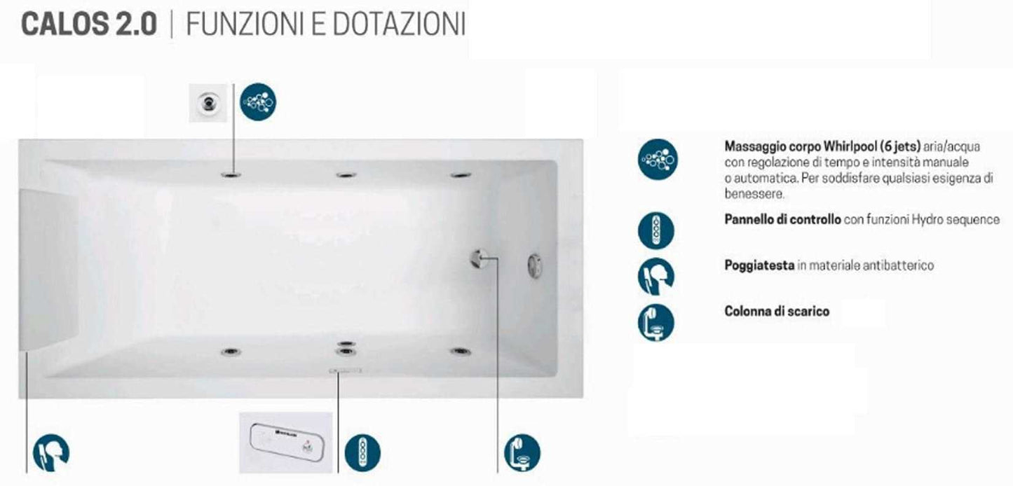 Novellini Calos 2.0 Vasca da Bagno Versione Hydro Idromassaggio Whirlpool 6 Getti Misura 170x75 Altezza 58 cm Installazione Reversibile Forma Rettangolare 1 Pannello Frontale 1 Laterale Materiale Acrilico Colore Bianco Lucido Colonna Poggiatesta Display