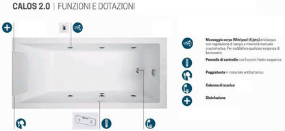 Novellini Calos 2.0 Vasca da Bagno Versione Hydro Disinfezione Idromassaggio Whirlpool 6 Getti Misura 170x80 cm Installazione Reversibile Forma Rettangolare 1 Pannello Frontale 2 Laterali Materiale Acrilico Colore Bianco Lucido Colonna Poggiatesta Display