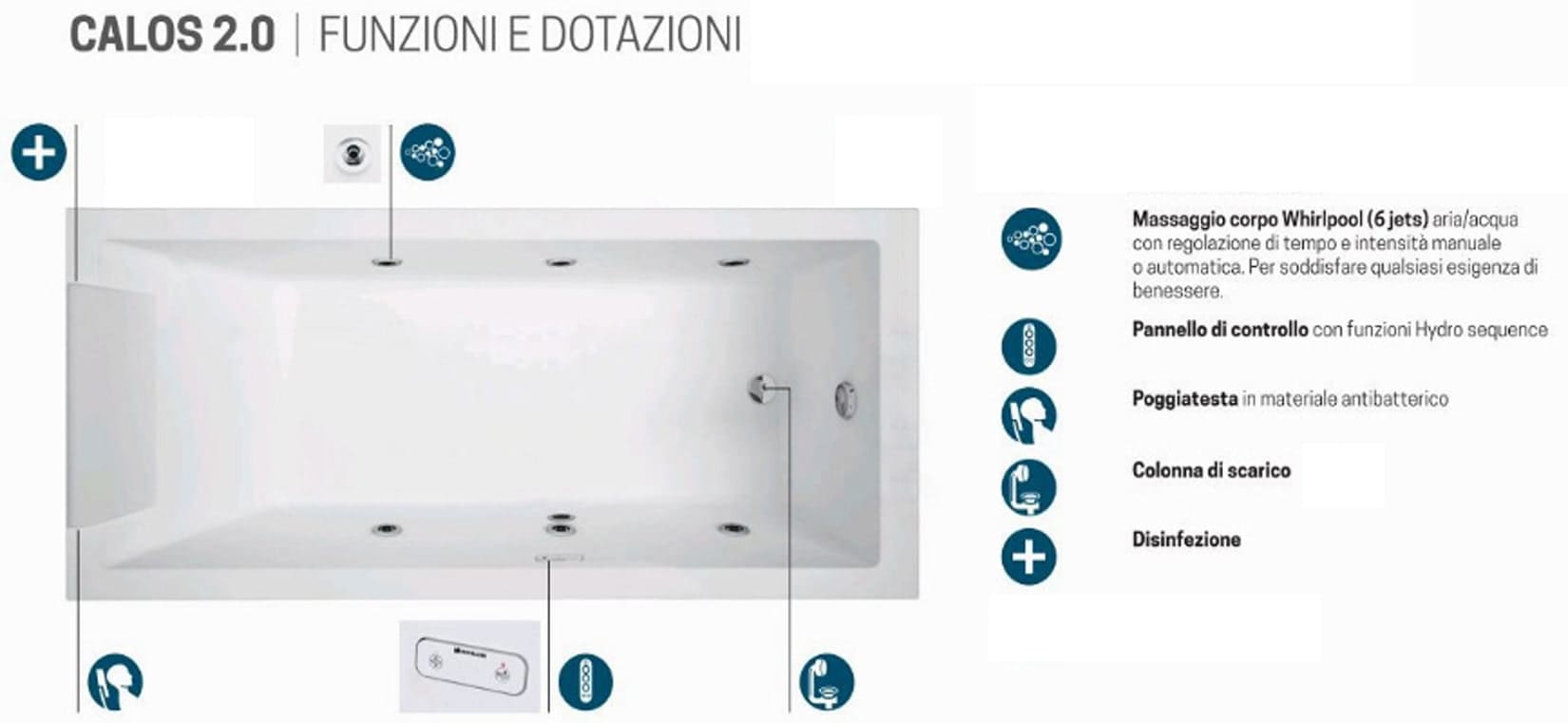 Novellini Calos 2.0 Vasca da Bagno Versione Hydro Disinfezione Idromassaggio Whirlpool 6 Getti Misura 170x70 cm Installazione Reversibile Forma Rettangolare 1 Pannello Frontale 1 Laterale Materiale Acrilico Colore Bianco Lucido Colonna Poggiatesta Display
