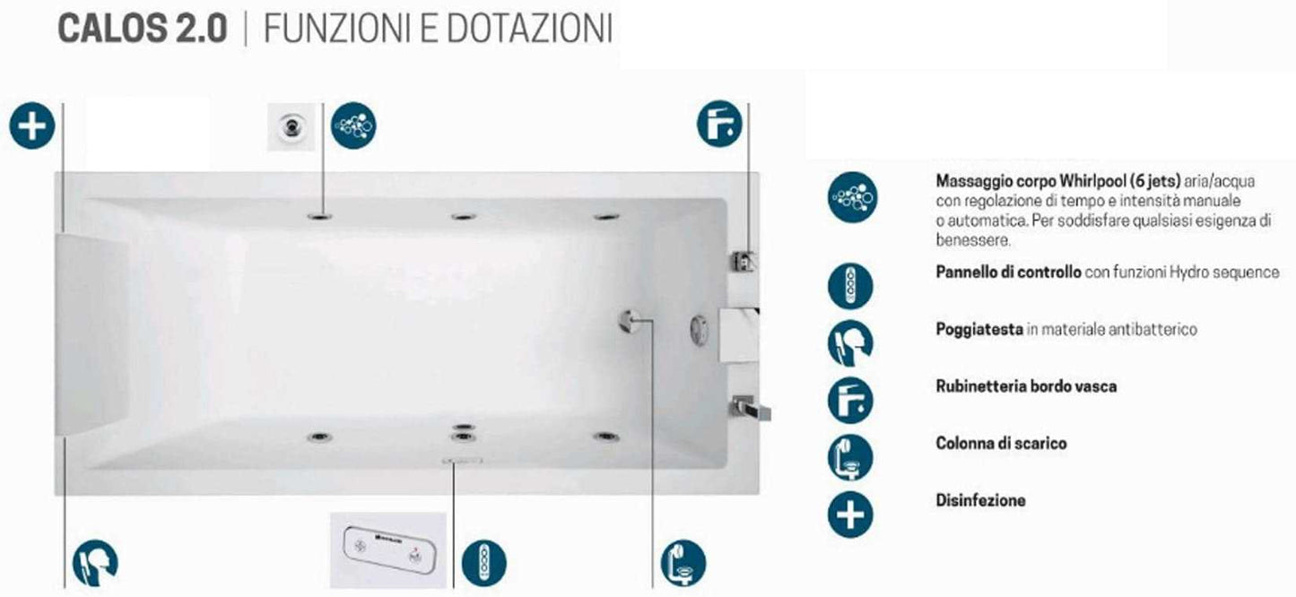 Novellini Calos 2.0 Vasca da Bagno Versione Hydro Disinfezione Idro Whirlpool 6 Jets Misura 170x75 cm Installazione Reversibile Forma Rettangolare 1 Pannello Frontale 2 Laterali Materiale Acrilico Colore Bianco Lucido Colonna Rubinetto Poggiatesta Display