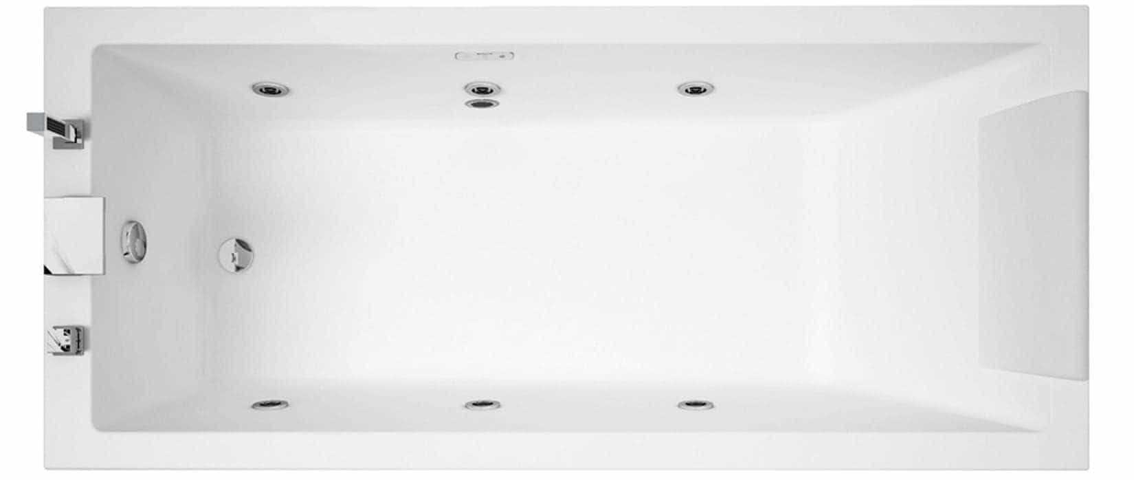 Novellini Calos 2.0 Vasca da Bagno Versione Hydro Disinfezione Idro Whirlpool 6 Getti Misura 150x70 cm Installazione Reversibile Forma Rettangolare 1 Pannello Frontale 1 Laterale Materiale Acrilico Colore Bianco Lucido Colonna Rubinetto Cuscino Display