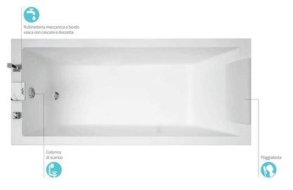 Novellini Calos 2.0 Vasca da Bagno Versione Standard con Telaio Misura 170x70 Altezza 58 cm Installazione Reversibile Forma Rettangolare 1 Pannello Frontale 2 Laterali Materiale Acrilico Colore Bianco Lucido Colonna di Scarico Con Rubinetteria Poggiatesta