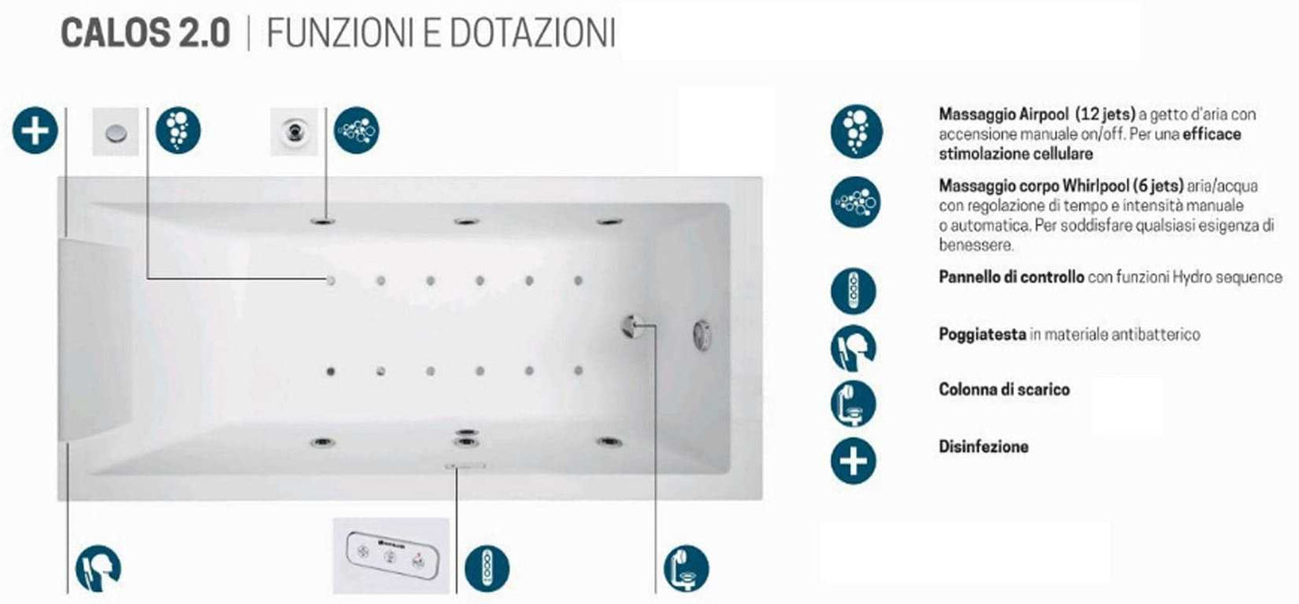 Novellini Calos 2.0 Vasca Bagno Versione Hydro Plus Idromassaggio Whirlpool 6 Getti Disinfezione Airpool 12 Jets Misura 150x70 cm Installazione Reversibile Forma Rettangolare 2 Pannelli Materiale Acrilico Colore Bianco Lucido Colonna Poggiatesta Display