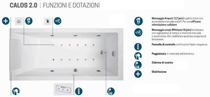 Novellini Calos 2.0 Vasca Bagno Versione Hydro Plus Idromassaggio Whirlpool 6 Getti Disinfezione Airpool 12 Jets Misura 170x80 cm Installazione Reversibile Forma Rettangolare 2 Pannelli Materiale Acrilico Colore Bianco Lucido Colonna Poggiatesta Display