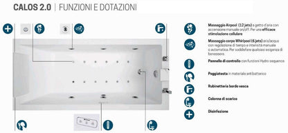 Novellini Calos 2.0 Vasca Bagno Versione Hydro Plus Idro Whirlpool 6 Jet Disinfezione Airpool 12 Getti Misura 160x70 cm Installazione Reversibile Forma Rettangolare 3 Pannelli Materiale Acrilico Colore Bianco Lucido Colonna Rubinetto Poggiatesta Display