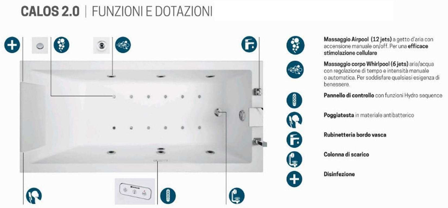 Novellini Calos 2.0 Vasca Bagno Versione Hydro Plus Idro Whirlpool 6 Jet Disinfezione Airpool 12 Getti Misura 170x75 cm Installazione Reversibile Forma Rettangolare 3 Pannelli Materiale Acrilico Colore Bianco Lucido Colonna Rubinetto Poggiatesta Display