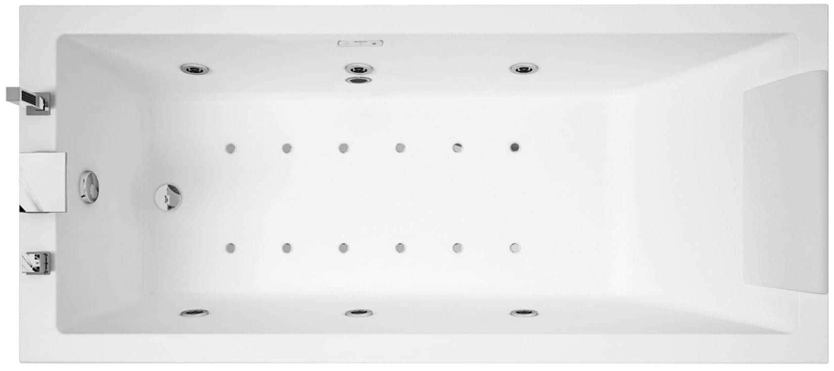 Novellini Calos 2.0 Vasca da Bagno Versione Hydro Plus Idro Whirlpool 6 Getti Disinfezione Airpool 12 Jets Misura 170x70 cm Installazione Reversibile Forma Rettangolare 2 Pannelli Materiale Acrilico Colore Bianco Lucido Colonna Rubinetto Cuscino Display