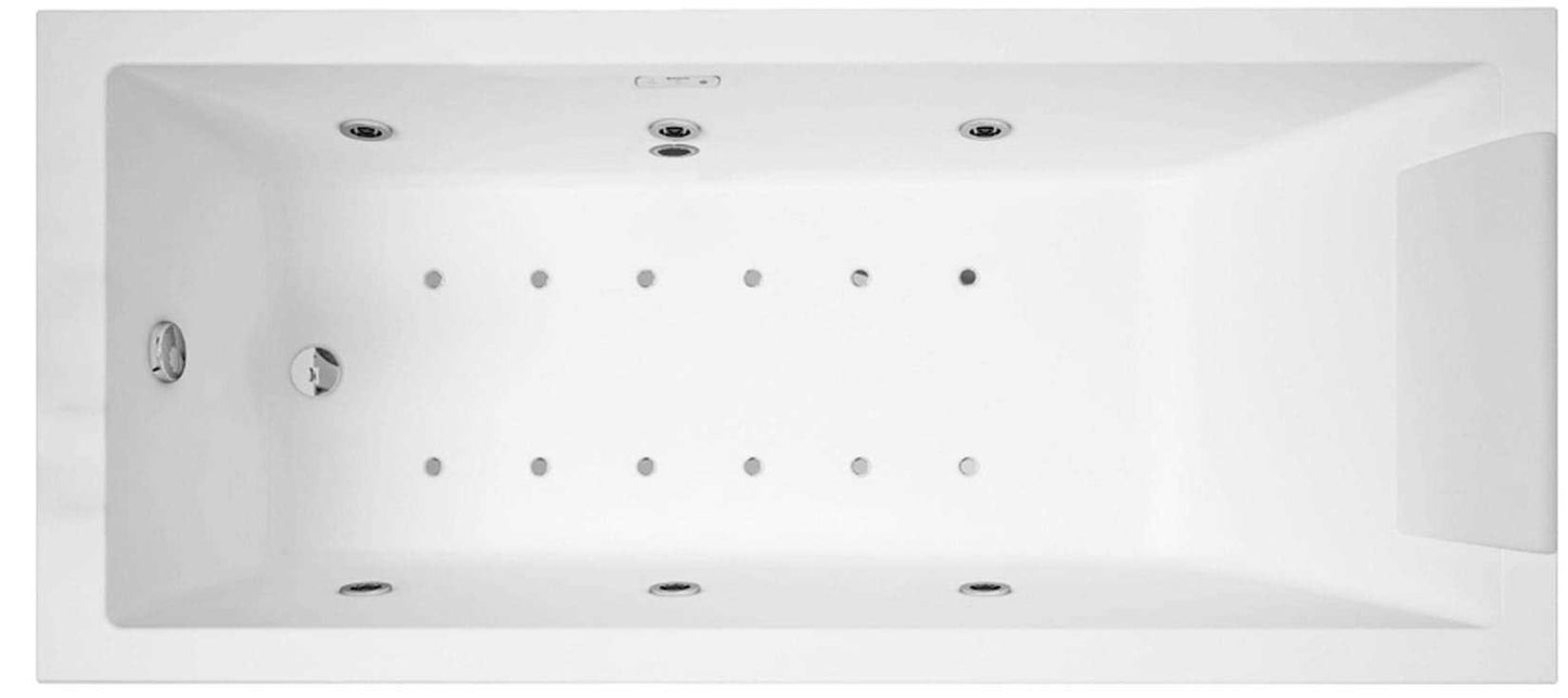 Novellini Calos 2.0 Vasca Bagno Versione Hydro Plus Idromassaggio Whirlpool 6 Getti Disinfezione Airpool 12 Jets Misura 150x70 cm Installazione Reversibile Forma Rettangolare 2 Pannelli Materiale Acrilico Colore Bianco Lucido Colonna Poggiatesta Display