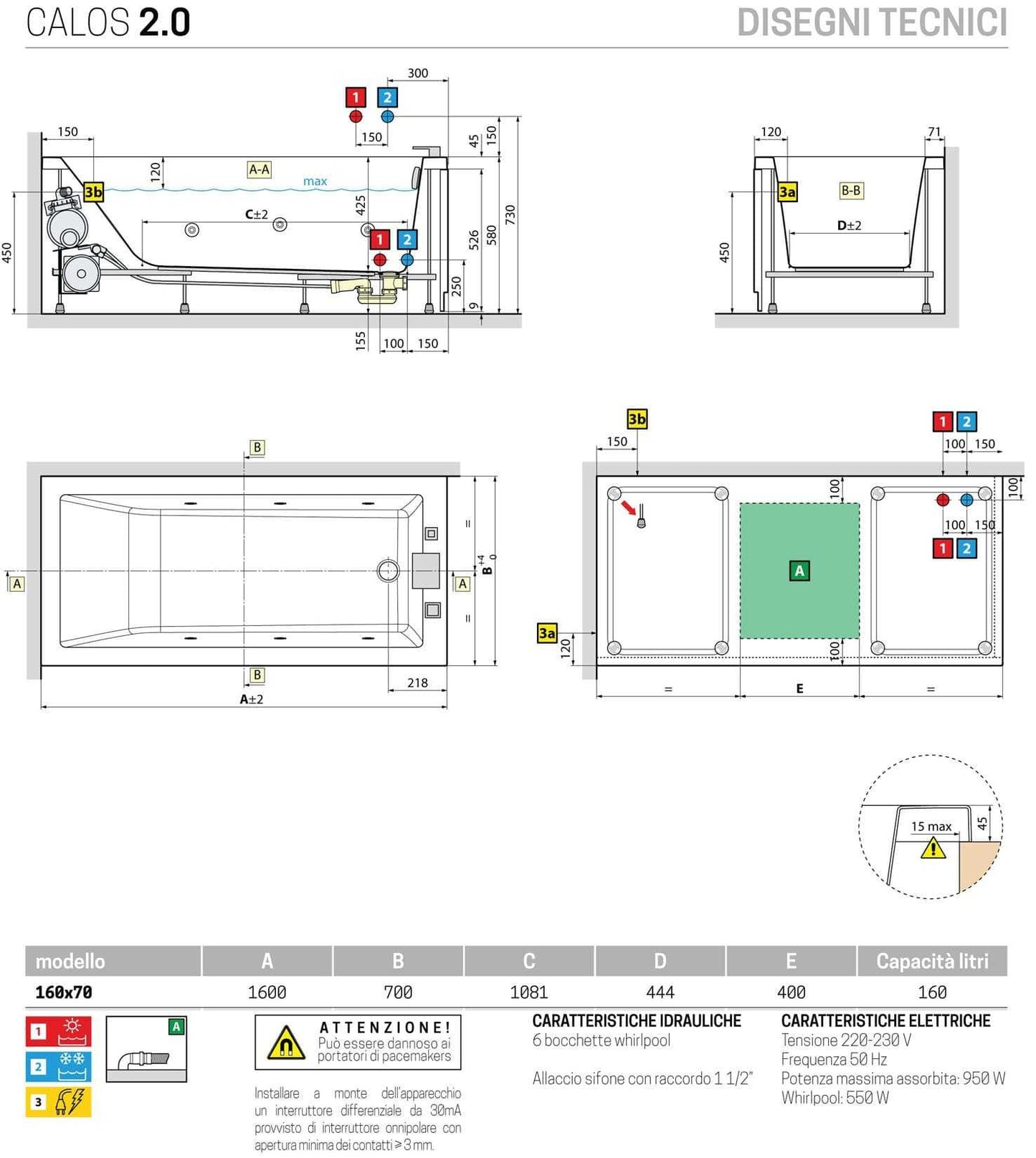 Novellini Calos 2.0 Vasca da Bagno Versione Hydro Idro Whirlpool 6 Getti Misura 160x70 Altezza 58 cm Installazione Reversibile Forma Rettangolare 1 Pannello Frontale 1 Laterale Materiale Acrilico Colore Bianco Lucido Colonna Rubinetto Poggiatesta Display
