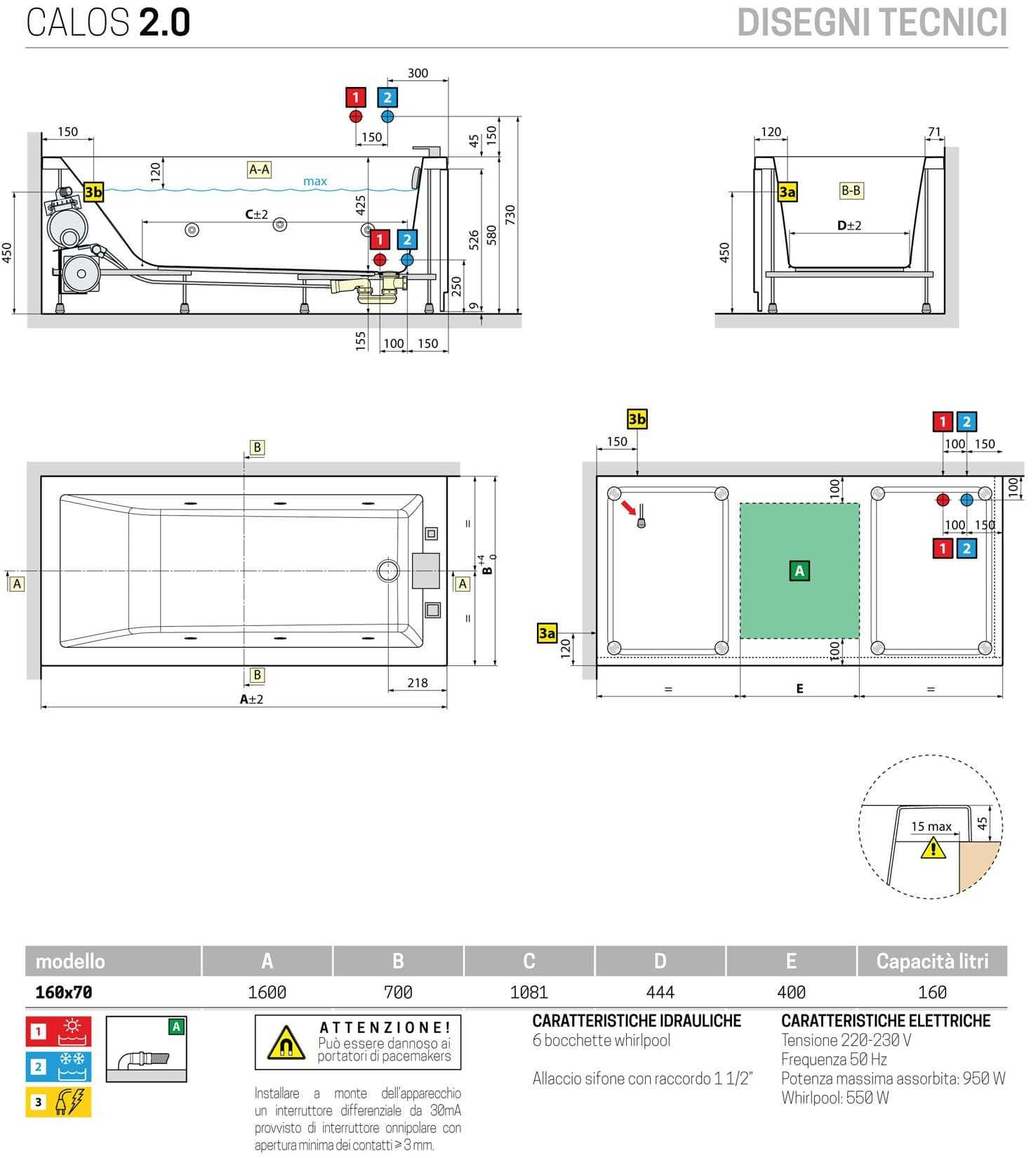 Novellini Calos 2.0 Vasca da Bagno Versione Hydro Idro Whirlpool 6 Getti Misura 160x70 Altezza 58 cm Installazione Reversibile Forma Rettangolare 1 Pannello Frontale 1 Laterale Materiale Acrilico Colore Bianco Lucido Colonna Rubinetto Poggiatesta Display