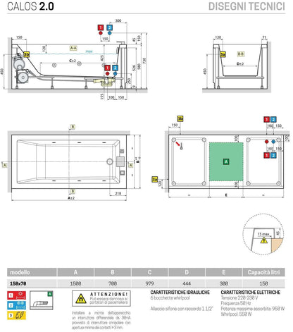 Novellini Calos 2.0 Vasca da Bagno Versione Hydro Disinfezione Idro Whirlpool 6 Jets Misura 150x70 cm Installazione Reversibile Forma Rettangolare 1 Pannello Frontale 2 Laterali Materiale Acrilico Colore Bianco Lucido Colonna Rubinetto Poggiatesta Display