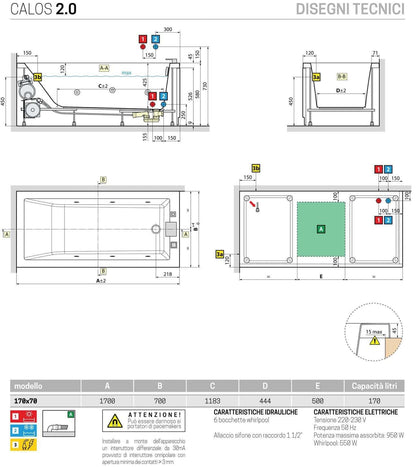 Novellini Calos 2.0 Vasca da Bagno Versione Hydro Disinfezione Idro Whirlpool 6 Jets Misura 170x70 cm Installazione Reversibile Forma Rettangolare 1 Pannello Frontale 2 Laterali Materiale Acrilico Colore Bianco Lucido Colonna Rubinetto Poggiatesta Display
