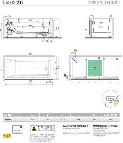 Novellini Calos 2.0 Vasca da Bagno Versione Hydro Disinfezione Idromassaggio Whirlpool 6 Getti Misura 150x70 cm Installazione Reversibile Forma Rettangolare 1 Pannello Frontale 2 Laterali Materiale Acrilico Colore Bianco Lucido Colonna Poggiatesta Display