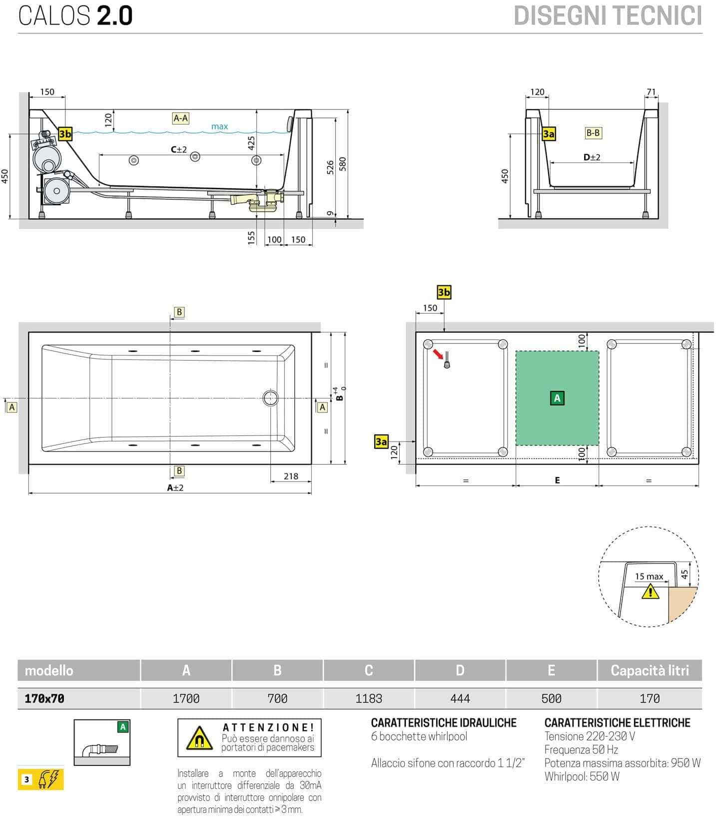 Novellini Calos 2.0 Vasca da Bagno Versione Hydro Disinfezione Idromassaggio Whirlpool 6 Getti Misura 170x70 cm Installazione Reversibile Forma Rettangolare 1 Pannello Frontale 1 Laterale Materiale Acrilico Colore Bianco Lucido Colonna Poggiatesta Display