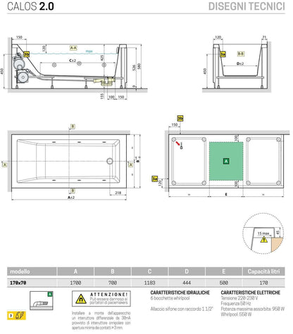 Novellini Calos 2.0 Vasca da Bagno Versione Hydro Disinfezione Idromassaggio Whirlpool 6 Getti Misura 170x70 cm Installazione Reversibile Forma Rettangolare 1 Pannello Frontale 1 Laterale Materiale Acrilico Colore Bianco Lucido Colonna Poggiatesta Display