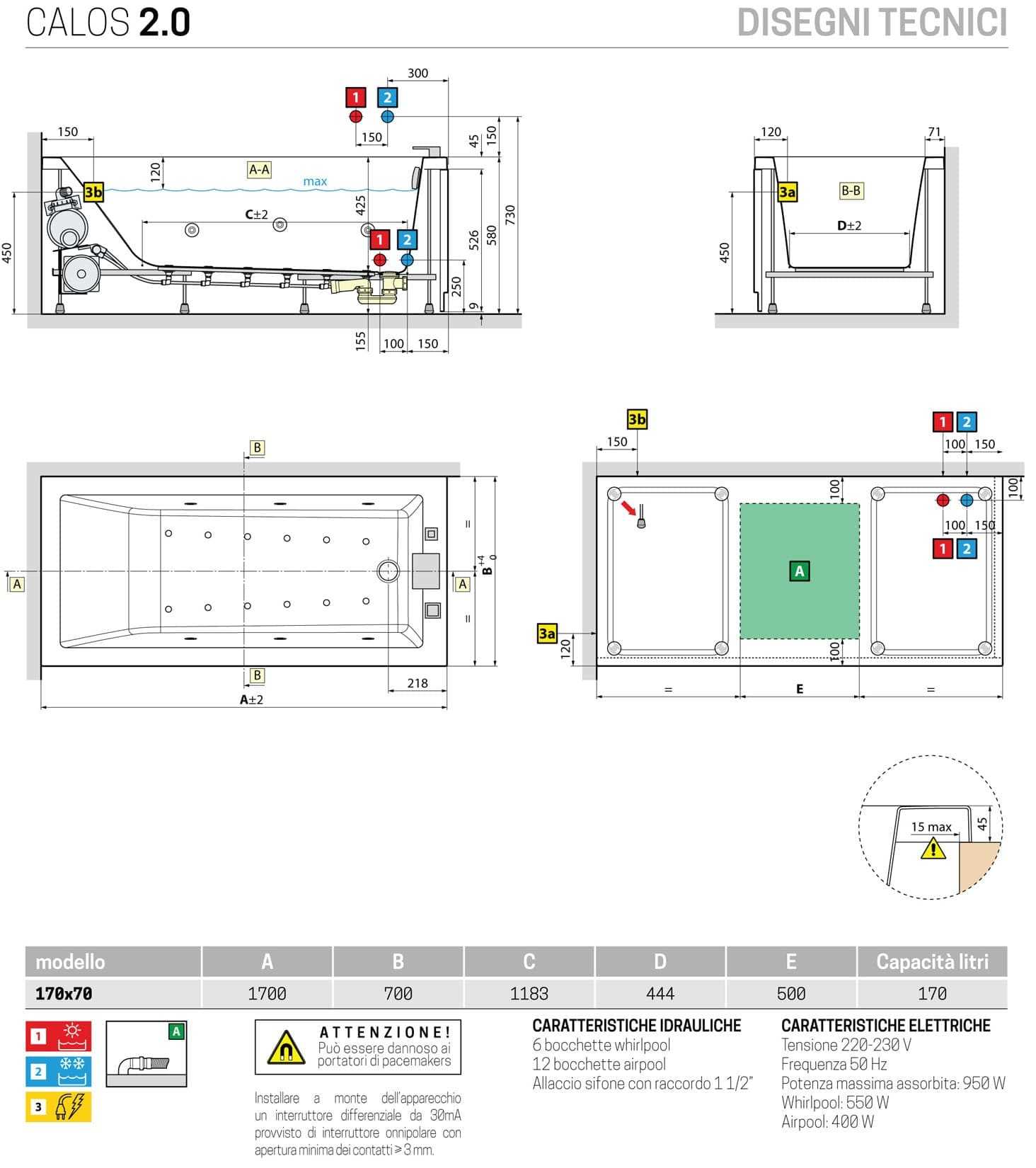 Novellini Calos 2.0 Vasca Bagno Versione Hydro Plus Idro Whirlpool 6 Jet Disinfezione Airpool 12 Getti Misura 170x70 cm Installazione Reversibile Forma Rettangolare 3 Pannelli Materiale Acrilico Colore Bianco Lucido Colonna Rubinetto Poggiatesta Display