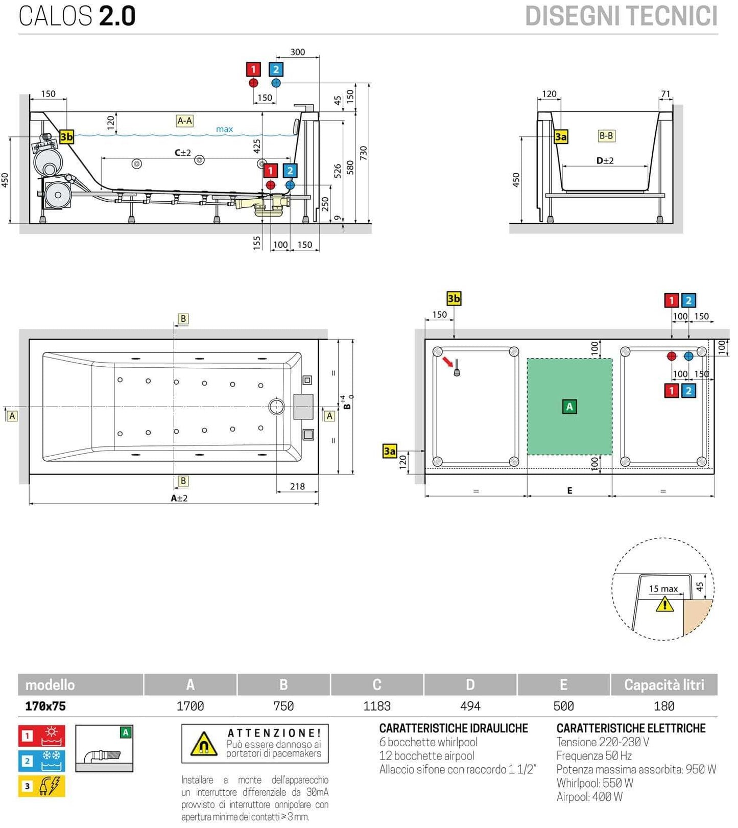 Novellini Calos 2.0 Vasca da Bagno Versione Hydro Plus Idro Whirlpool 6 Getti Disinfezione Airpool 12 Jets Misura 170x75 cm Installazione Reversibile Forma Rettangolare 2 Pannelli Materiale Acrilico Colore Bianco Lucido Colonna Rubinetto Cuscino Display