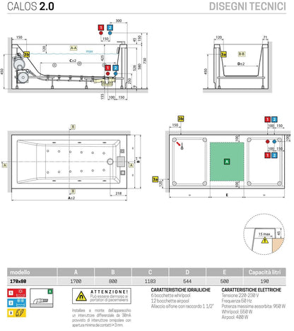 Novellini Calos 2.0 Vasca Bagno Versione Hydro Plus Idro Whirlpool 6 Jet Disinfezione Airpool 12 Getti Misura 170x80 cm Installazione Reversibile Forma Rettangolare 3 Pannelli Materiale Acrilico Colore Bianco Lucido Colonna Rubinetto Poggiatesta Display