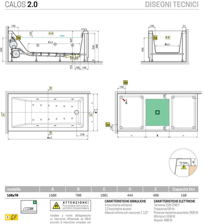 Novellini Calos 2.0 Vasca Bagno Versione Hydro Plus Idromassaggio Whirlpool 6 Getti Disinfezione Airpool 12 Jets Misura 160x70 cm Installazione Reversibile Forma Rettangolare 2 Pannelli Materiale Acrilico Colore Bianco Lucido Colonna Poggiatesta Display