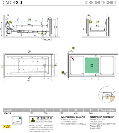 Novellini Calos 2.0 Vasca Bagno Versione Hydro Plus Idromassaggio Whirlpool 6 Getti Disinfezione Airpool 12 Jets Misura 170x75 cm Installazione Reversibile Forma Rettangolare 2 Pannelli Materiale Acrilico Colore Bianco Lucido Colonna Poggiatesta Display
