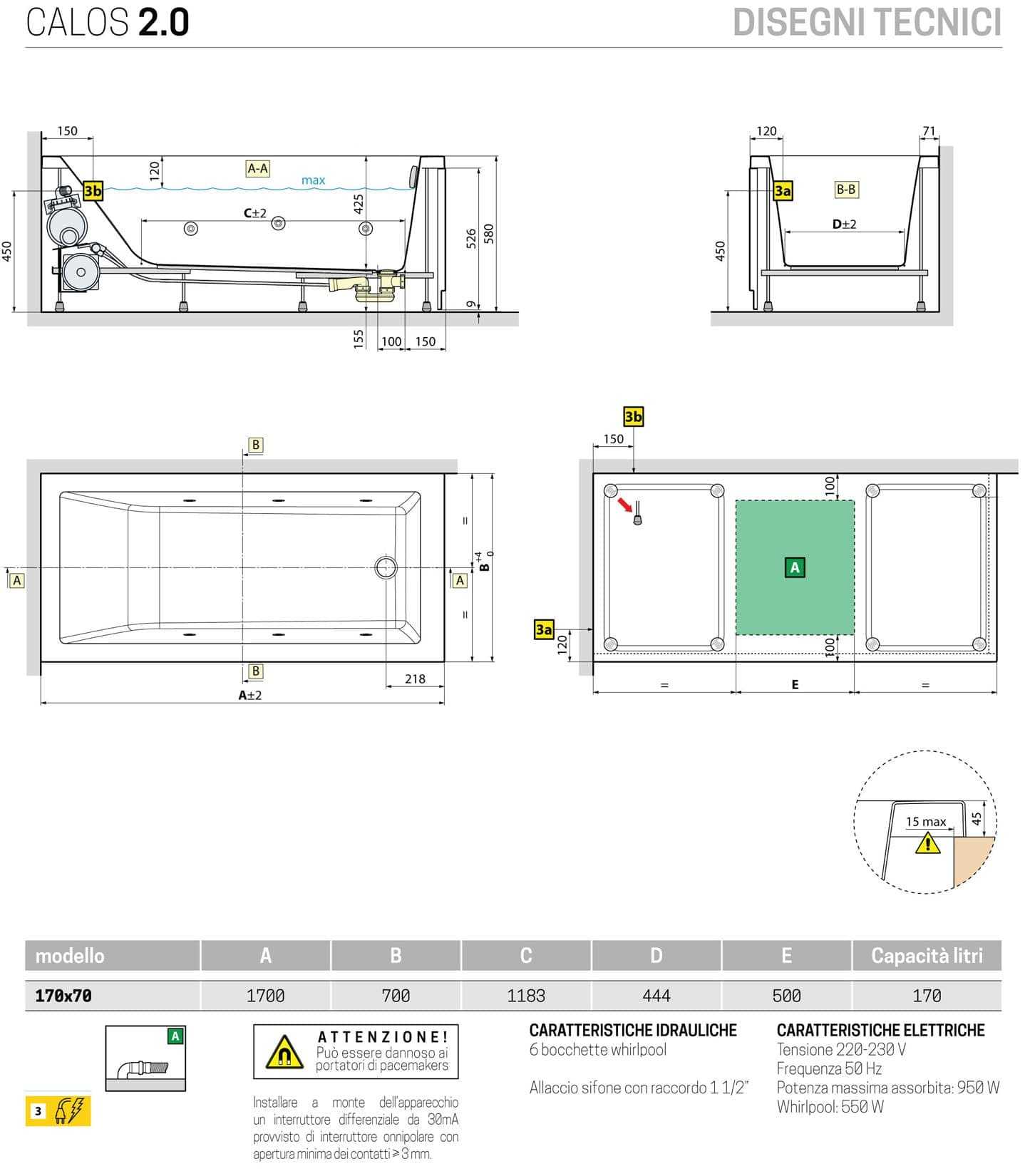 Novellini Calos 2.0 Vasca da Bagno Versione Hydro Idromassaggio Whirlpool 6 Getti Misura 170x70 Altezza 58 cm Installazione Reversibile Forma Rettangolare 1 Pannello Frontale 1 Laterale Materiale Acrilico Colore Bianco Lucido Colonna Poggiatesta Display