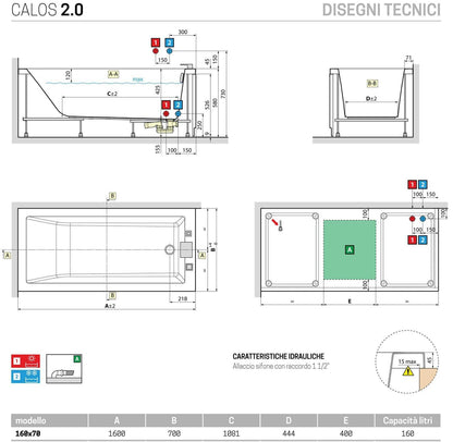 Novellini Calos 2.0 Vasca da Bagno Versione Standard con Telaio Misura 160x70 Altezza 58 cm Installazione Reversibile Forma Rettangolare 1 Pannello Frontale 2 Laterali Materiale Acrilico Colore Bianco Lucido Colonna di Scarico Con Rubinetteria Poggiatesta