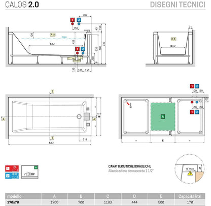 Novellini Calos 2.0 Vasca da Bagno Versione Standard con Telaio Misura 170x70 Altezza 58 cm Installazione Reversibile Forma Rettangolare 1 Pannello Frontale 2 Laterali Materiale Acrilico Colore Bianco Lucido Colonna di Scarico Con Rubinetteria Poggiatesta